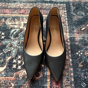 Linea Paolo Black Block Heel Pointy Toe Shoes Leather Pumps